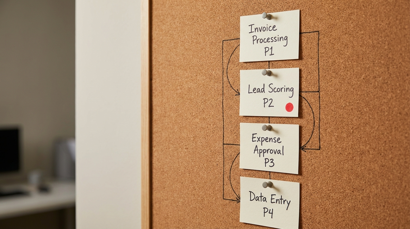 A cork strategy board of pinned, ranked automation-candidate index cards connected by drawn lines, one card flagged in red