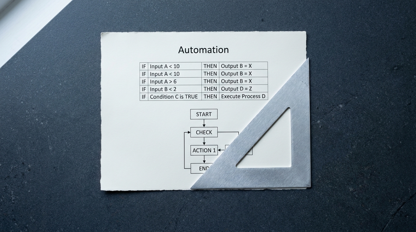 Close overhead view of a printed rules and decision-table sheet labeled Automation with a brushed-aluminium set-square across one corner