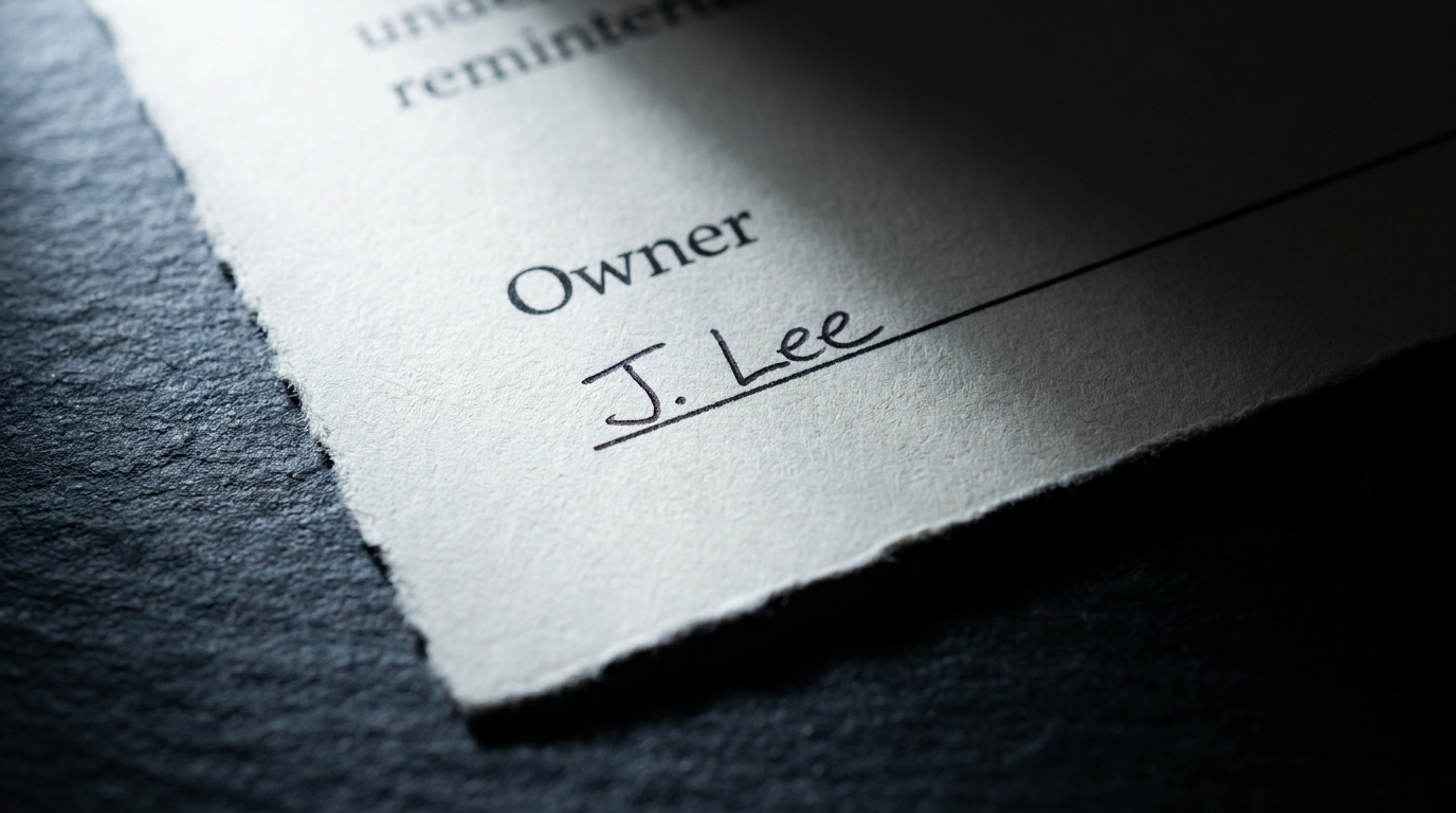 Macro close-up of a governance sheet headed 'Owner' with one signature line filled in, the rest of the page in shadow