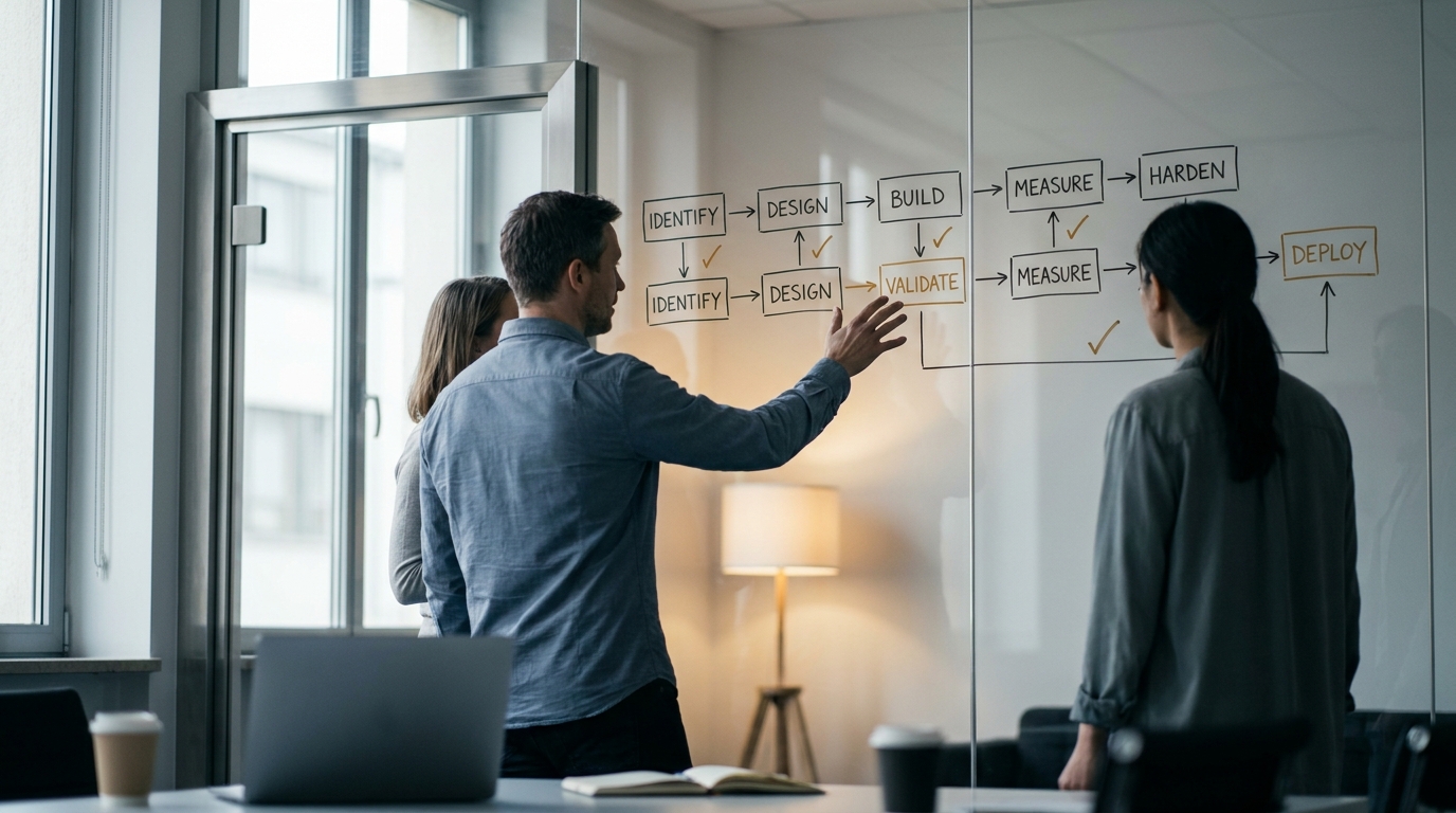 A small team at a standup in front of a glass wall diagram, one person gesturing at a seven-stage delivery pipeline.