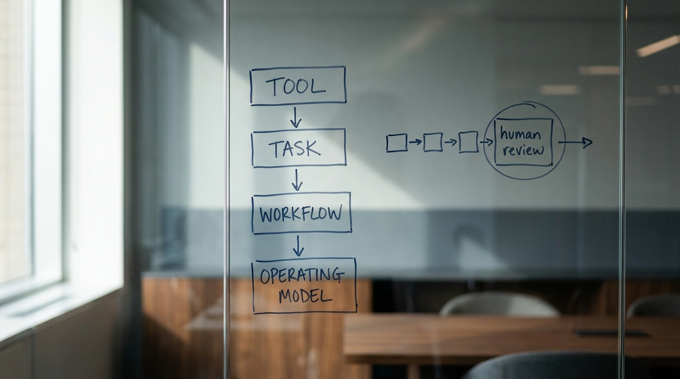 A glass wall with a hand-drawn diagram of four layers - tool, task, workflow, operating model - connected by arrows beside a process map