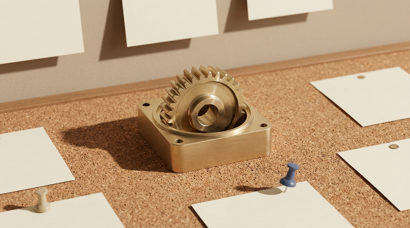 A polished brass gear jammed motionless in its housing under dramatic side light against a dark backdrop