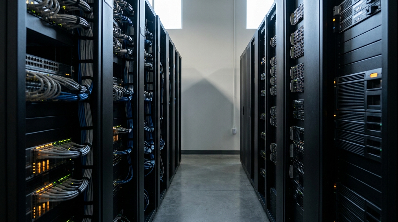 A real enterprise data-center aisle with rows of server racks, structured cabling, and blinking line cards receding down the corridor