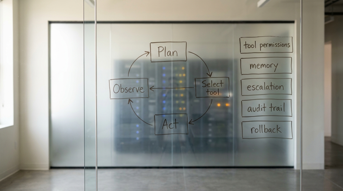 A glass wall with a hand-drawn diagram of an AI agent's plan-select-act-observe loop beside a column of labeled control gates