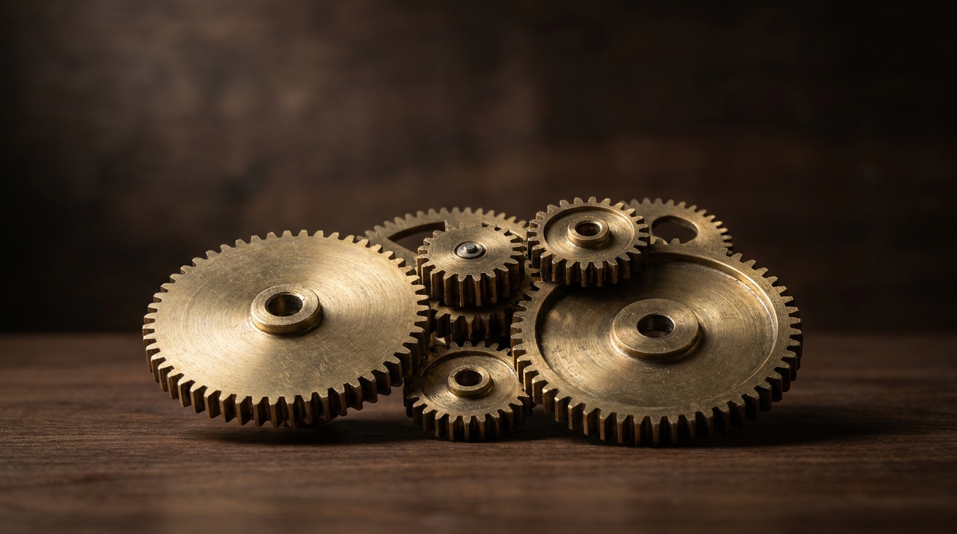Interlocking machined brass gears of different sizes meshed together as one mechanism on a dark walnut surface