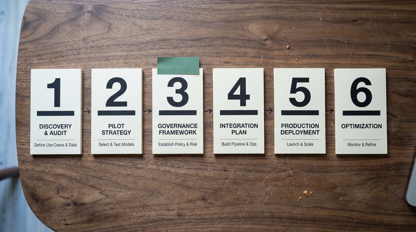 Six numbered printed phase cards laid in a row on a walnut desk, each showing a heading and a deliverable label
