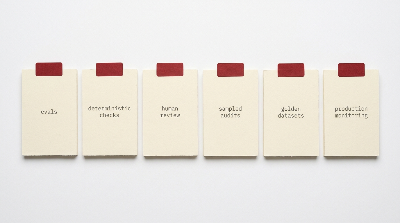 Top-down row of six cream reference cards, each with a small oxblood label naming one verification mechanism