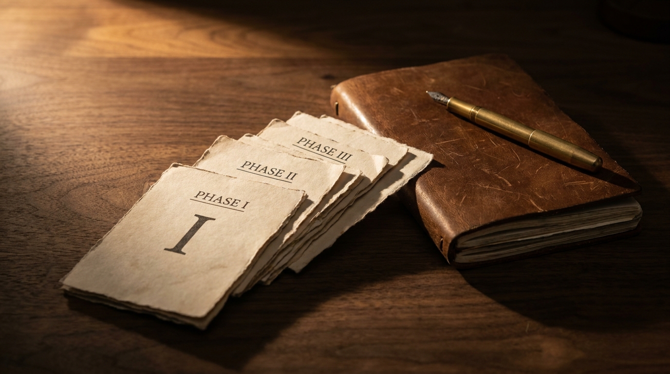 A stack of numbered paper cards and a brass pen on a dark walnut desk, warm side-lit, evoking the phase-by-phase engagement steps.
