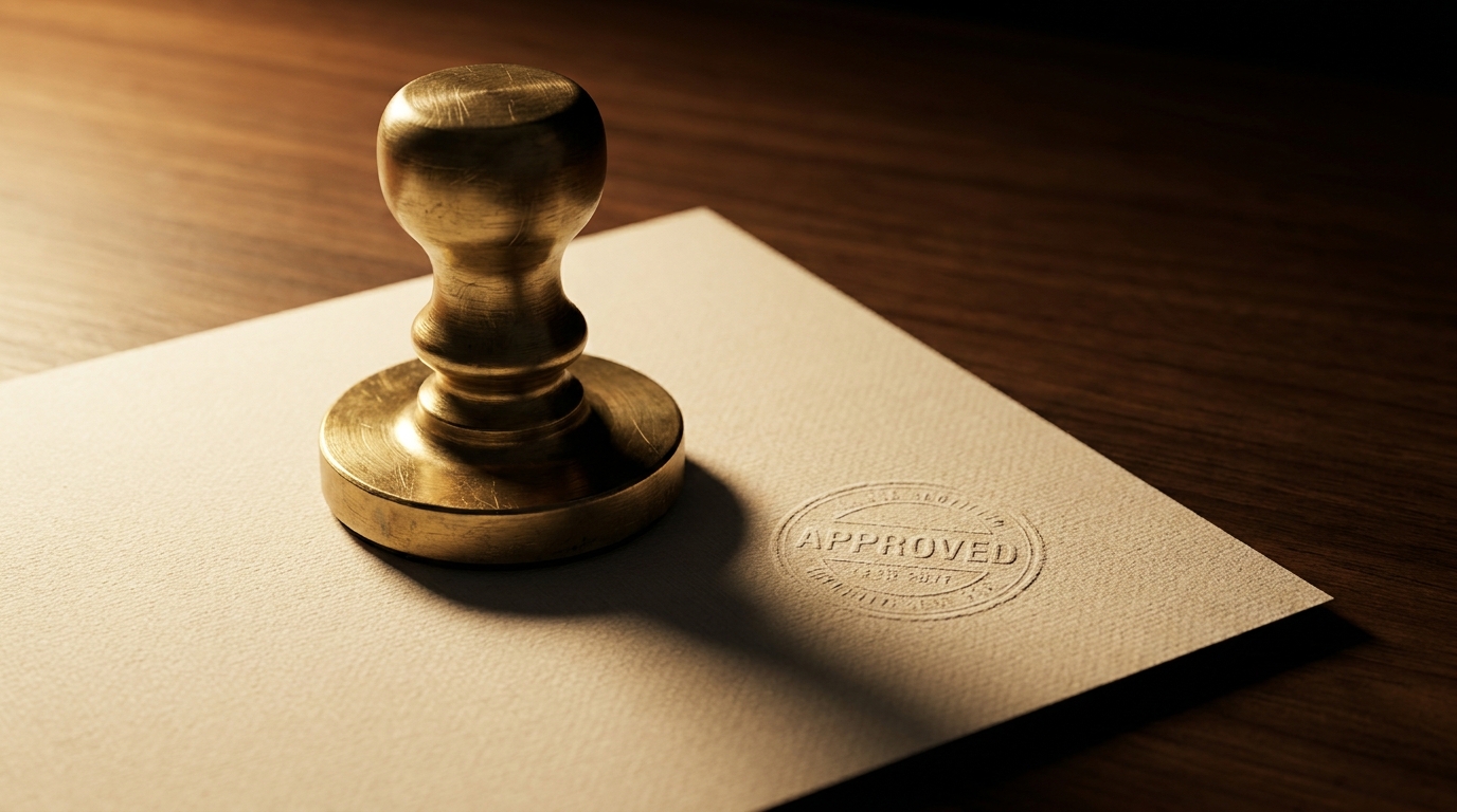 A brass approval stamp pressing an APPROVED seal onto a cream linen page, warm raking light, symbolizing the human approval gate on consequential agent actions.