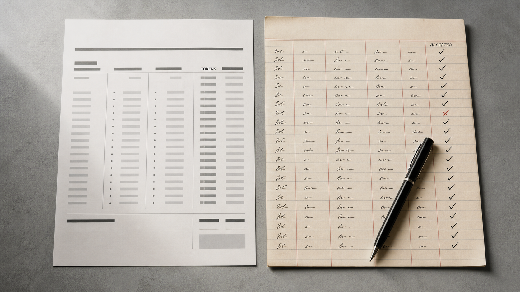 Two printed records lie side by side on a slate desk: a uniform machine-set billing statement whose rows all look alike, and a hand-kept run ledger whose final column carries small ink checkmarks and one crossed-out mark.