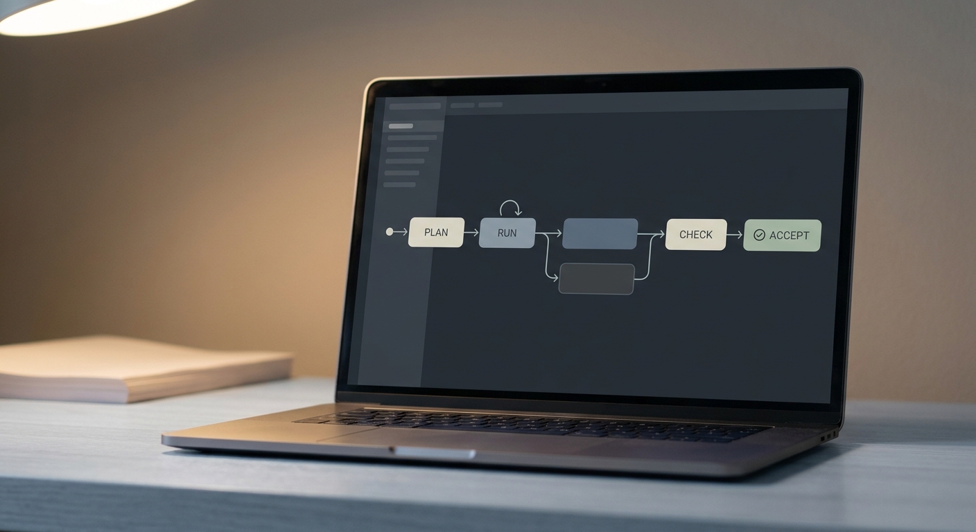A laptop screen showing a workflow run-trace: a PLAN node, a RUN node with a retry arrow looping back on itself, a branch down to a subordinate call, then CHECK and a green ACCEPT node closing an uneven chain.