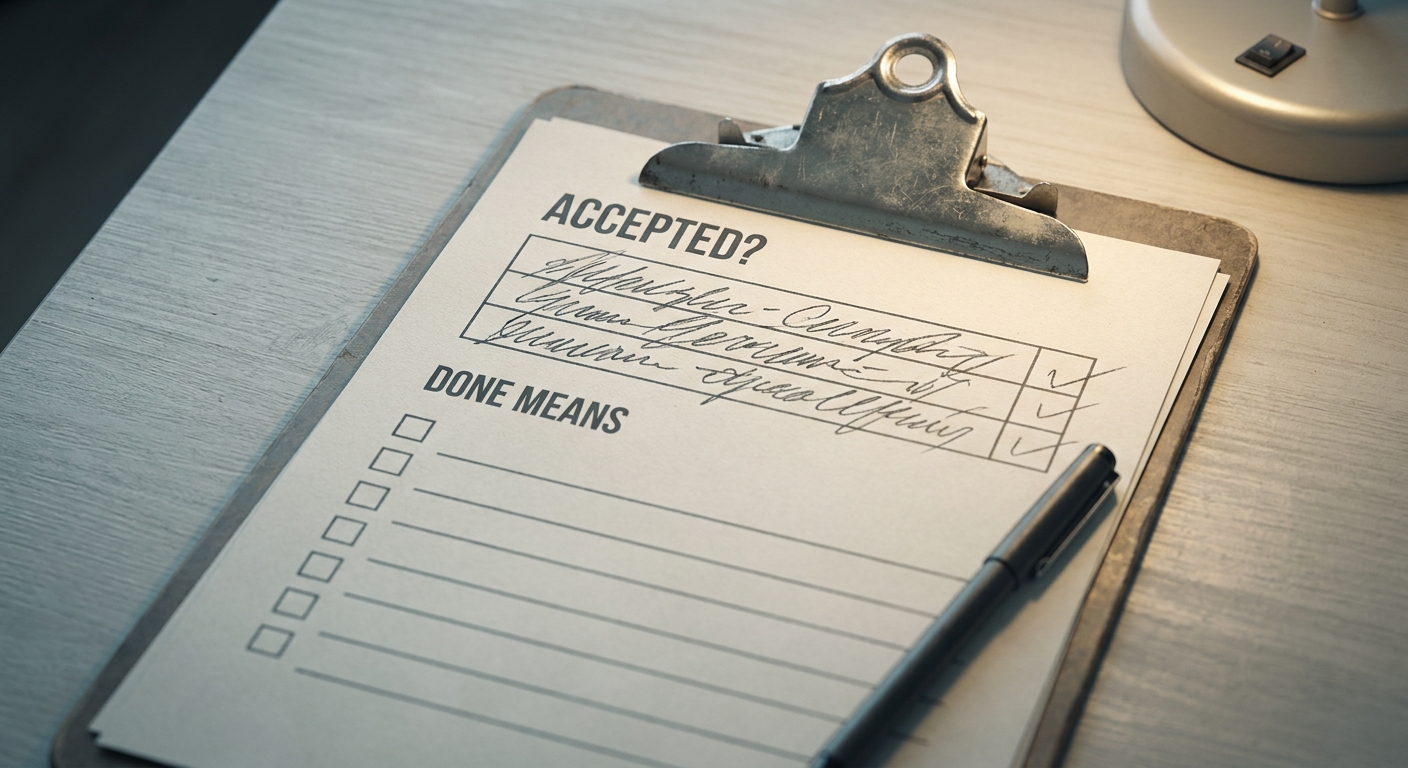 A clipboard holds a printed work ticket headed ACCEPTED? Its upper rows carry handwritten entries and tick marks, but the section labelled DONE MEANS is a column of empty checkboxes beside blank ruled lines.