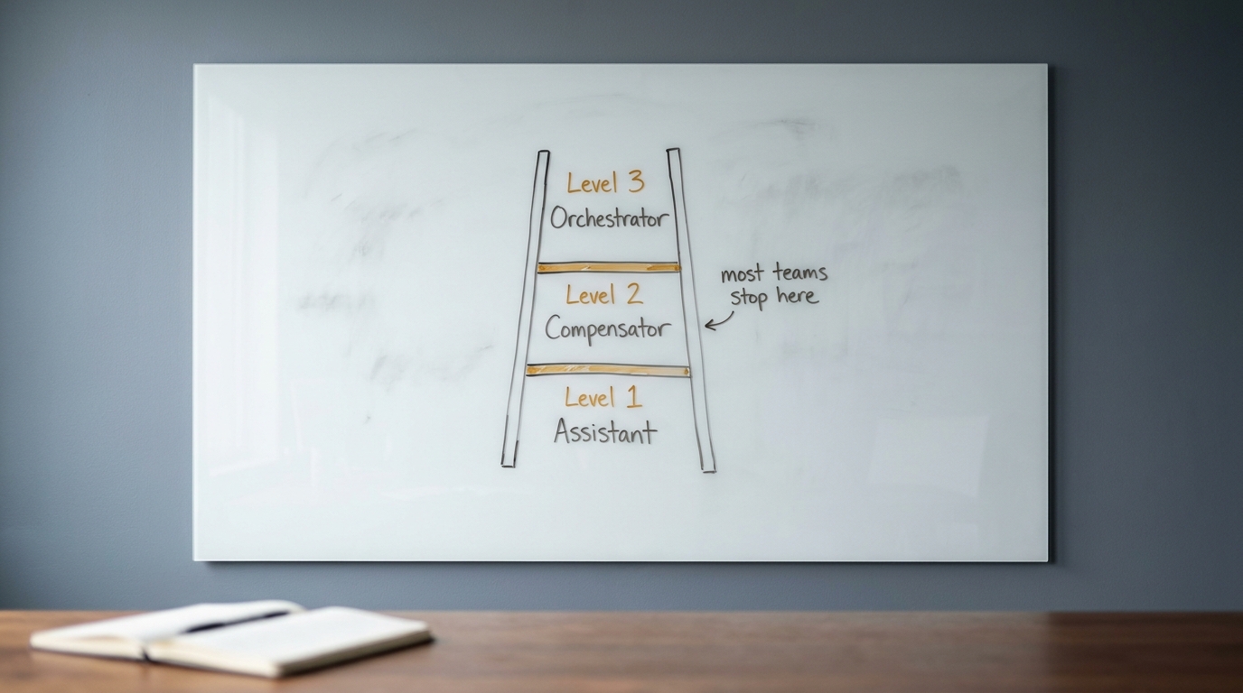 A whiteboard showing a three-rung agent maturity ladder from Assistant to Compensator to Orchestrator with a note at Level 2