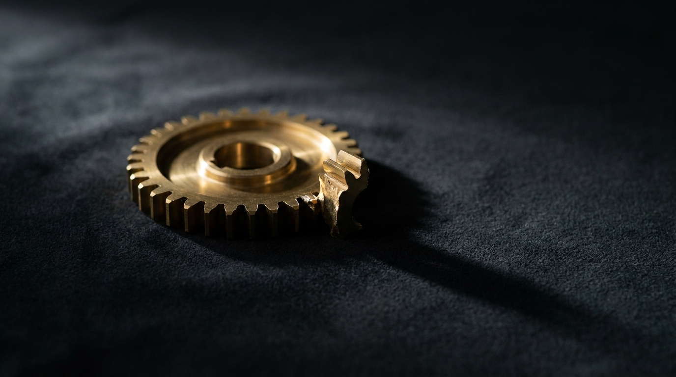 A polished brass gear on dark velvet with one tooth snapped off, the broken edge lit sharply