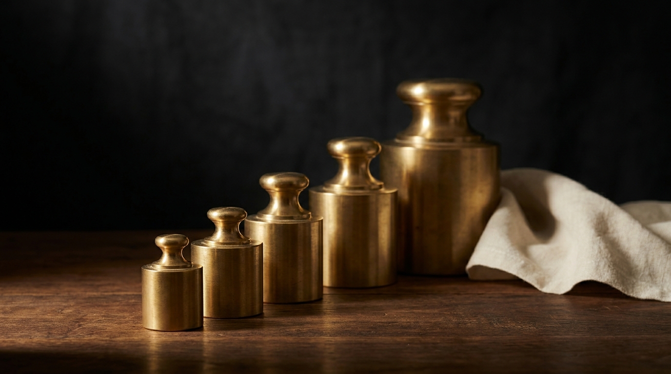 Five graduated brass weights rising in size across dark walnut, evoking a five-rung ascending scale