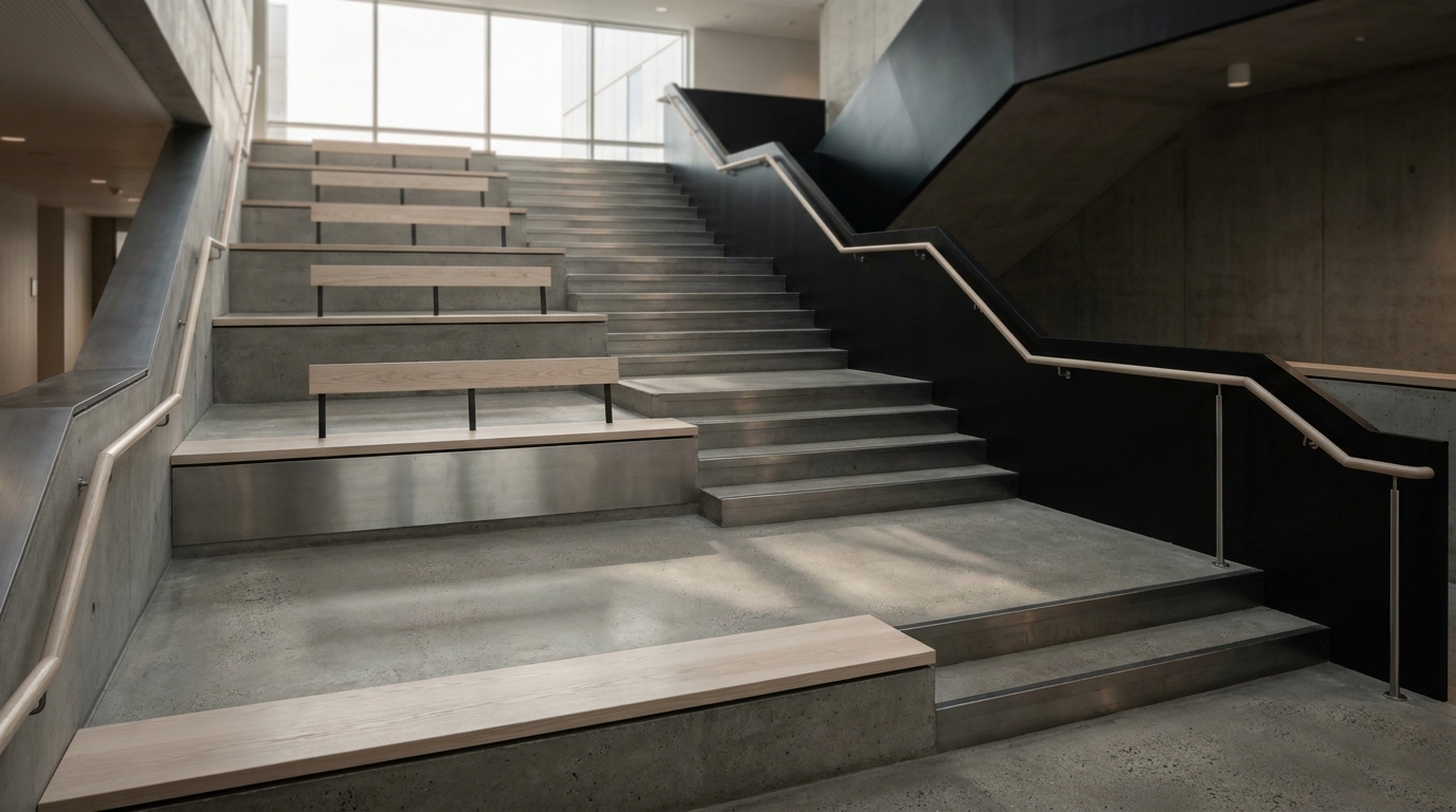 A concrete-and-steel office atrium staircase rising through five landings toward daylight, symbolizing a staged maturity climb