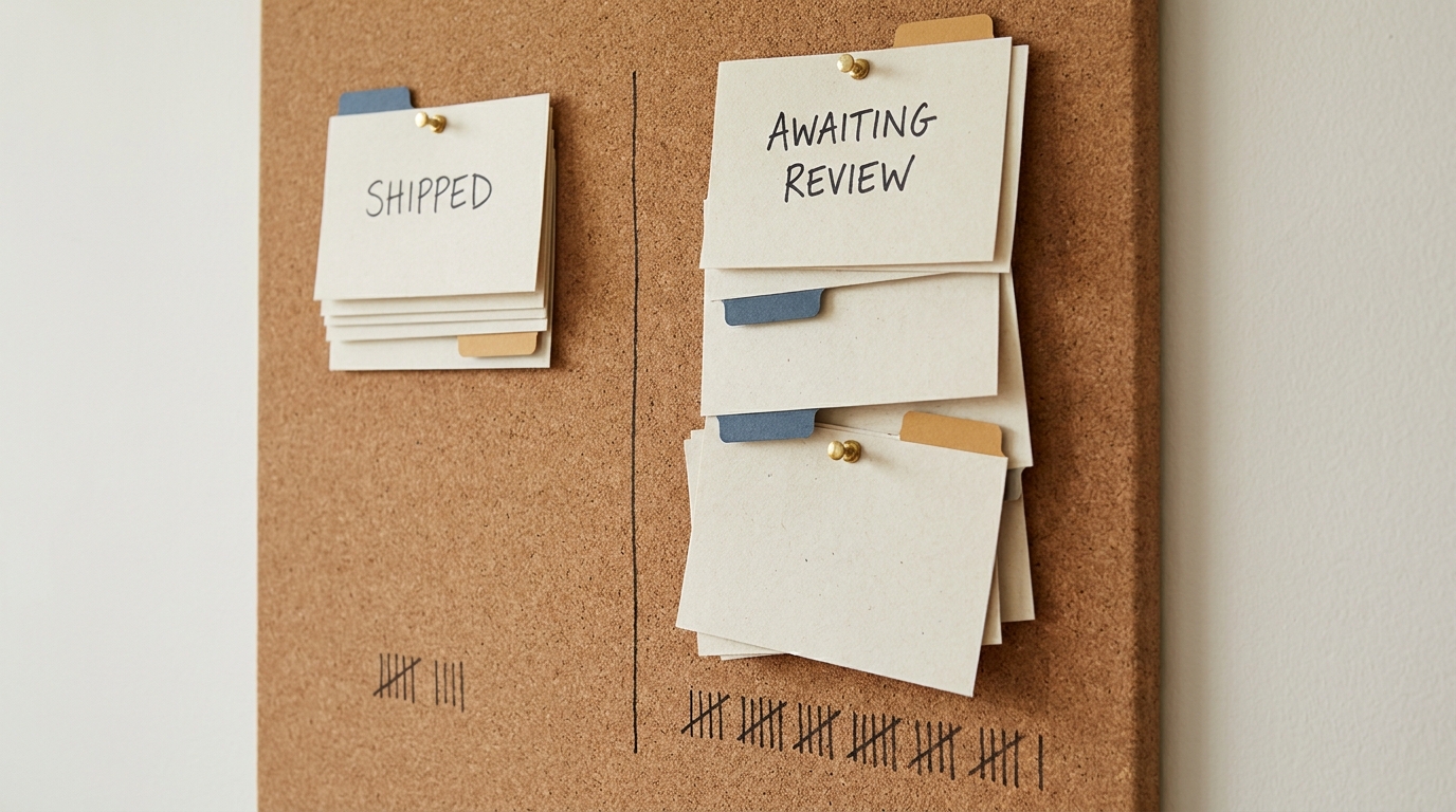 Two pinned columns of paper cards labelled shipped and awaiting review, the review column roughly three times taller and overlapping