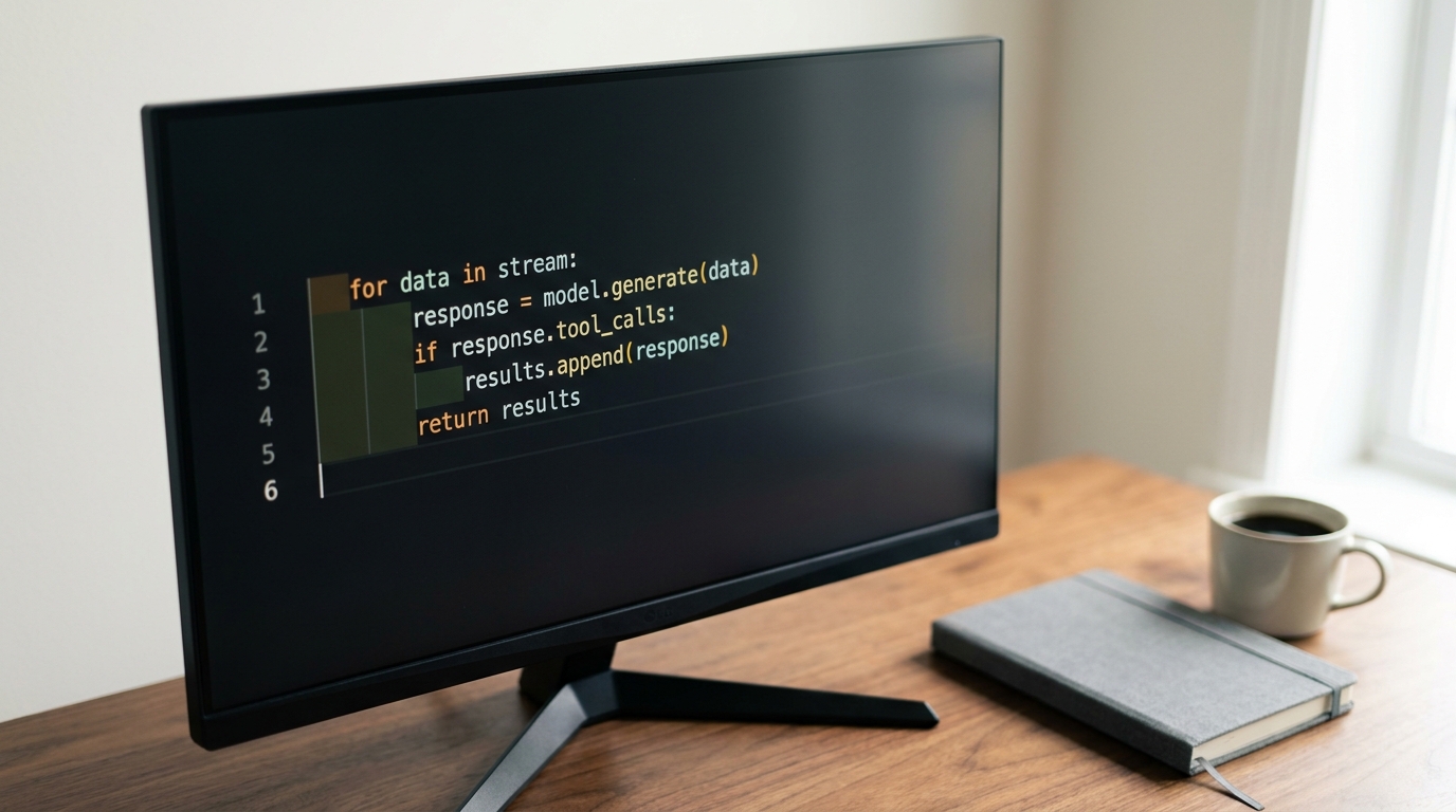 A monitor on a wooden desk showing a code editor with a short Python agent loop, line numbers and syntax highlighting visible