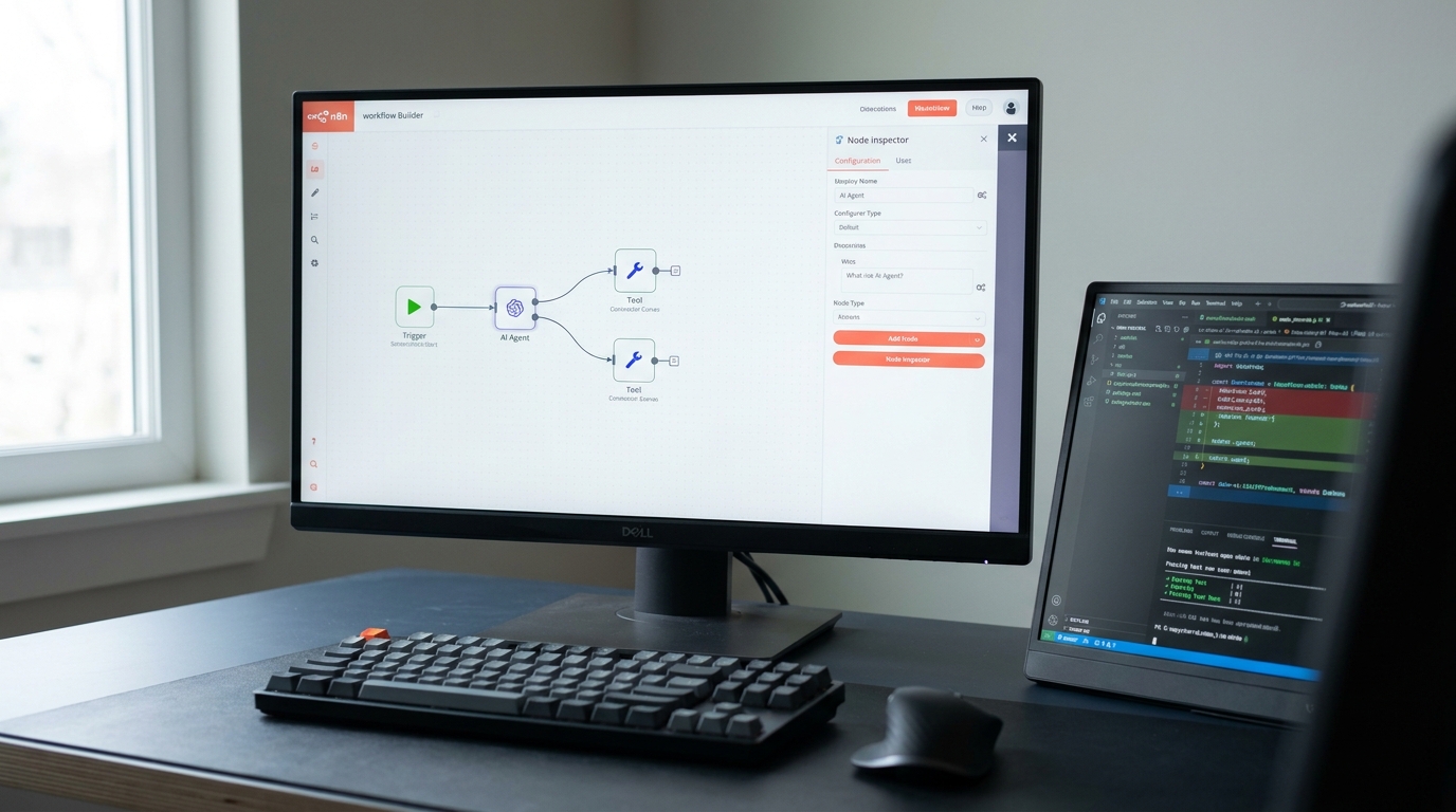 A monitor showing a node-based AI agent workflow canvas beside a smaller screen with a code diff and passing tests