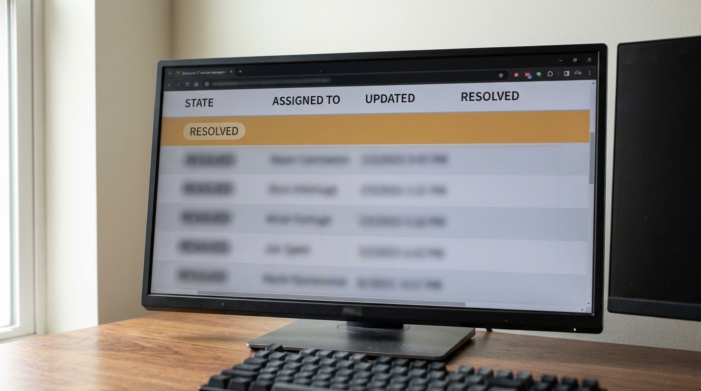 A desktop monitor showing an enterprise ITSM incident queue with ticket numbers, state and assignee columns, one row set to Resolved