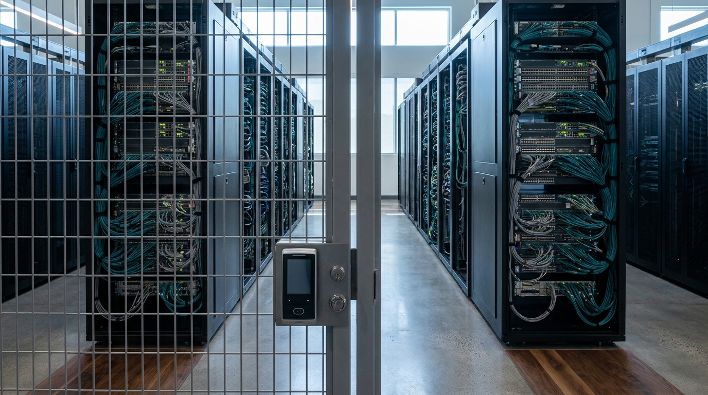 A data-center aisle of server racks with dense cabling and a badge-reader access lock on the cage door in the foreground