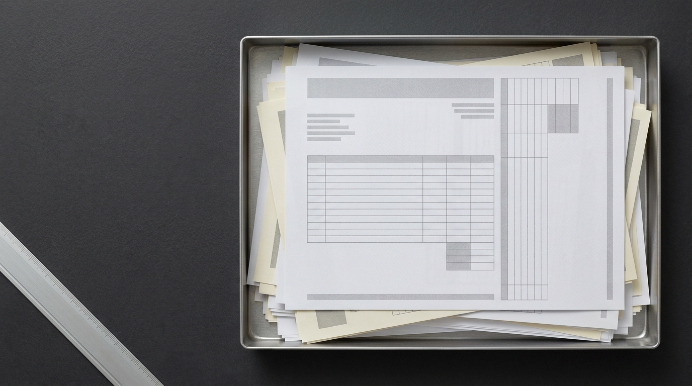 Overhead view of a fanned stack of supplier invoices in different layouts in a paper tray on a slate worktop