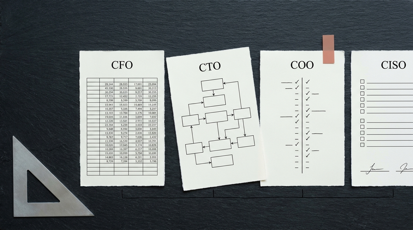 Overhead flat-lay of four printed evaluation sheets on slate, labelled CFO, CTO, COO and CISO, connected by a thin ink line