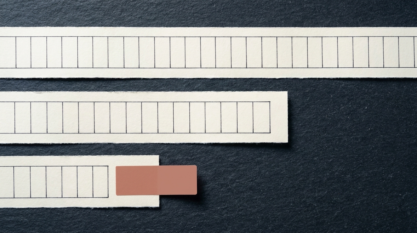 Three printed week-by-week timeline strips of different lengths laid on slate, the shortest marked with a terracotta tab