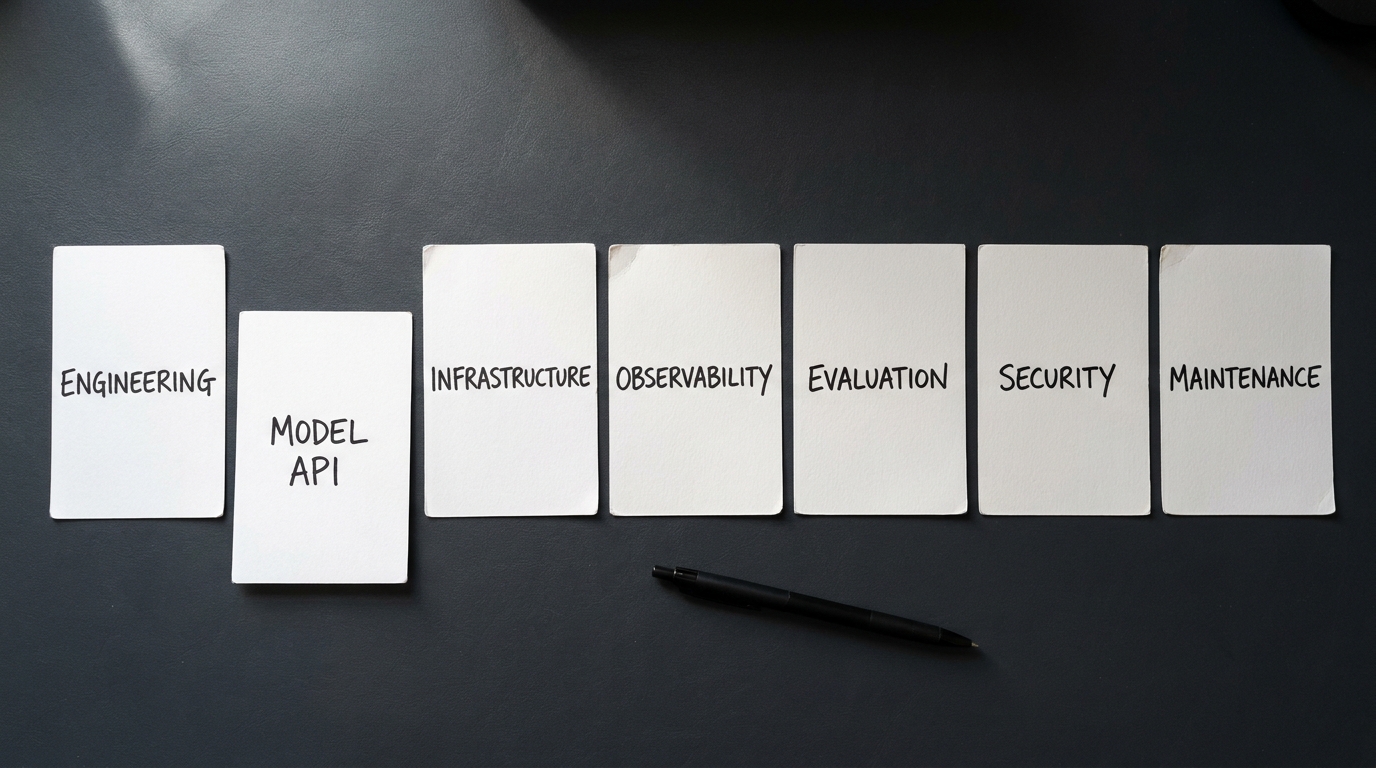 Seven white index cards in a row on a dark surface, each hand-labelled with a cost line, one card pushed forward from the row