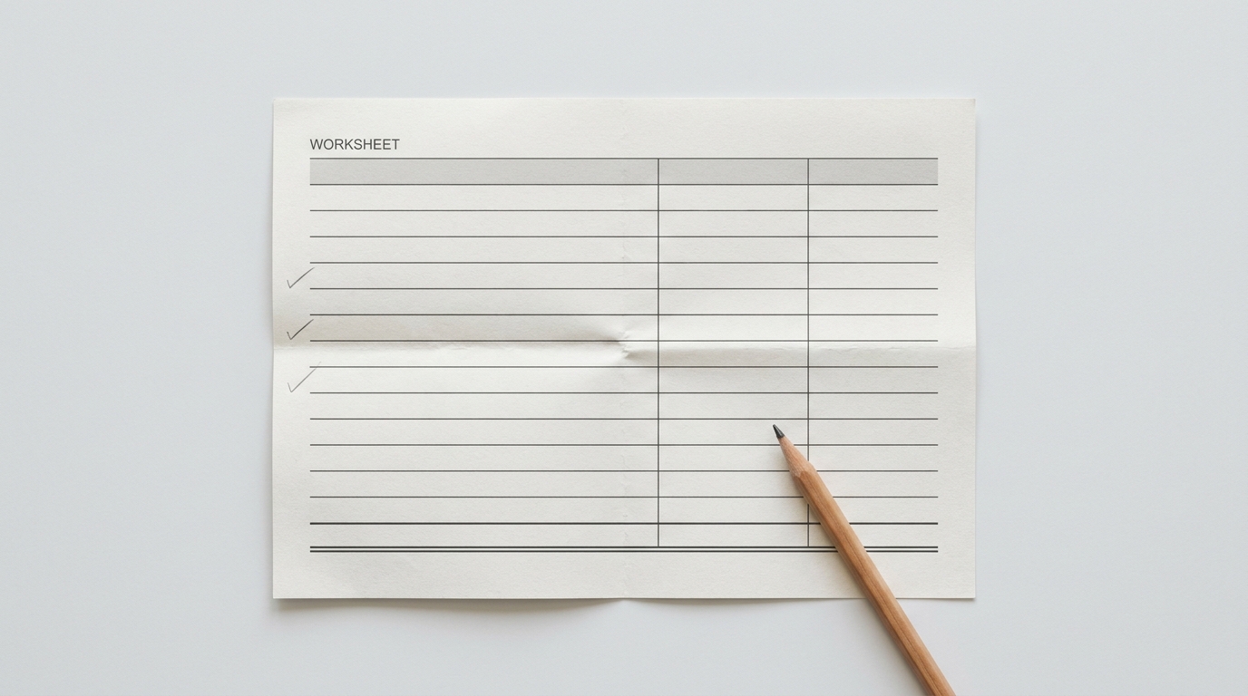 A single printed budget worksheet on a pale grey background, its table rows blank, with three pencil ticks in the left margin and a pencil resting across it
