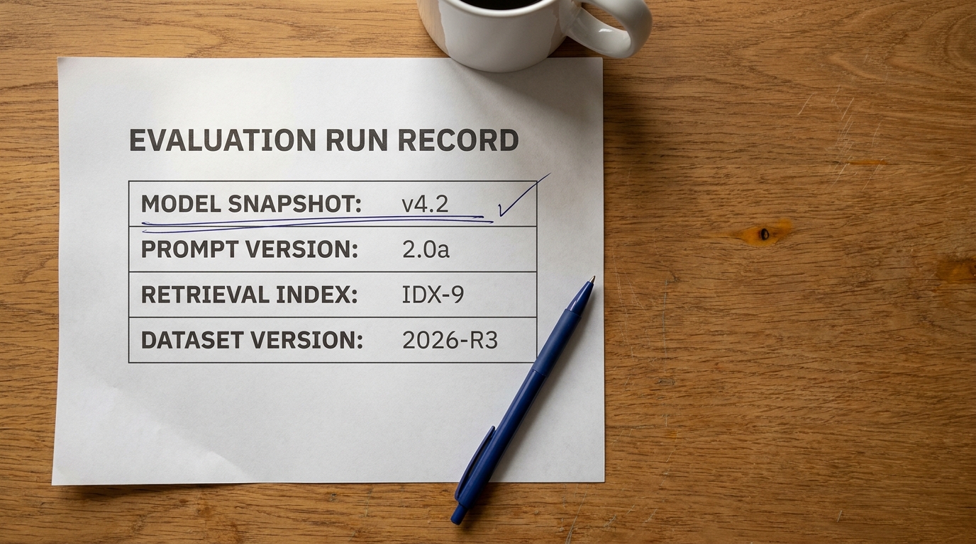 Printed evaluation run record on an oak desk listing model snapshot, prompt version, retrieval index and dataset version, snapshot underlined