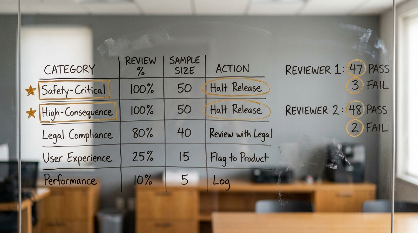 Whiteboard with a hand-drawn review sampling design: categories, review percentages, boxed high-consequence rows and a reviewer tally
