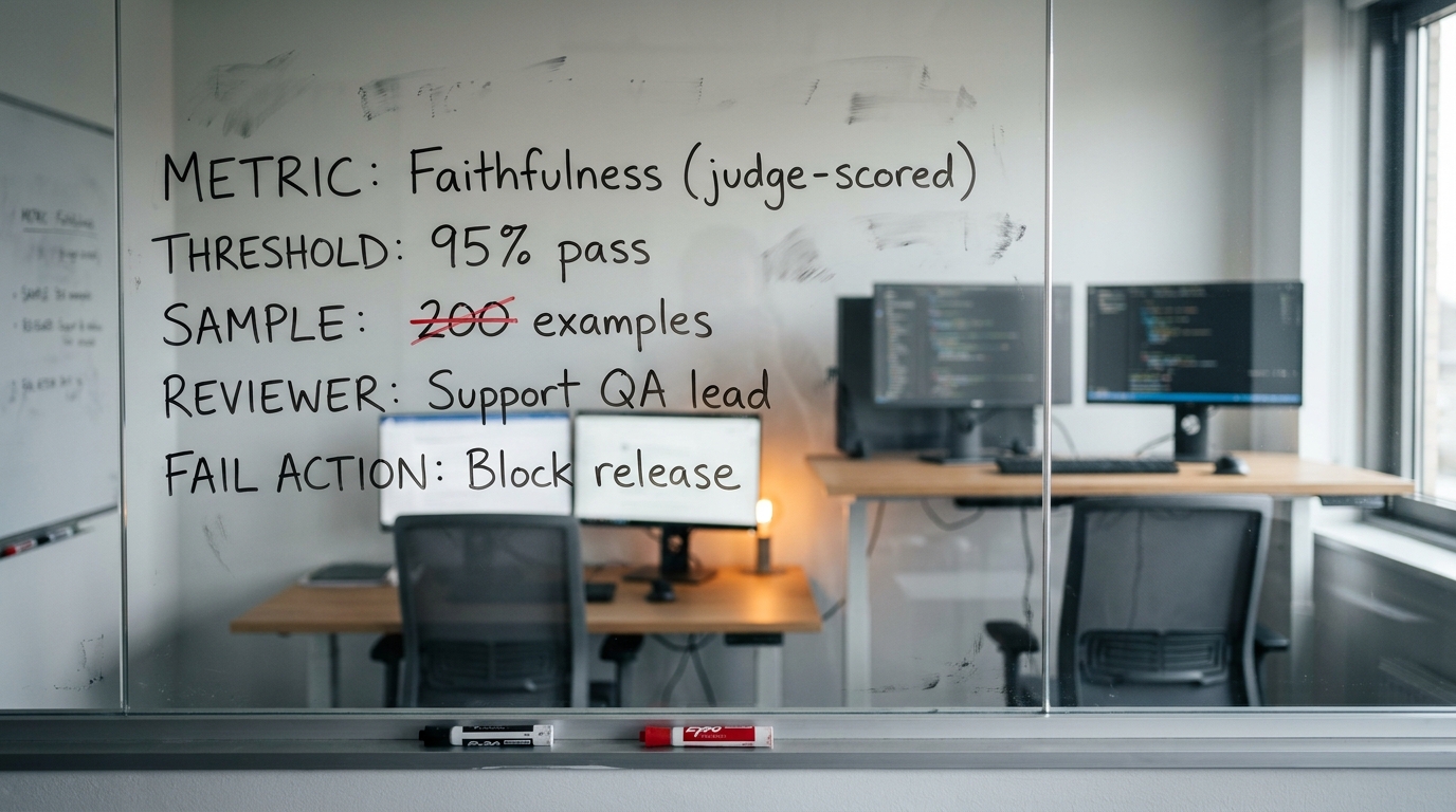 Glass wall in an engineering room with a hand-drawn five-part acceptance criterion in marker: metric, threshold, sample, reviewer, fail action