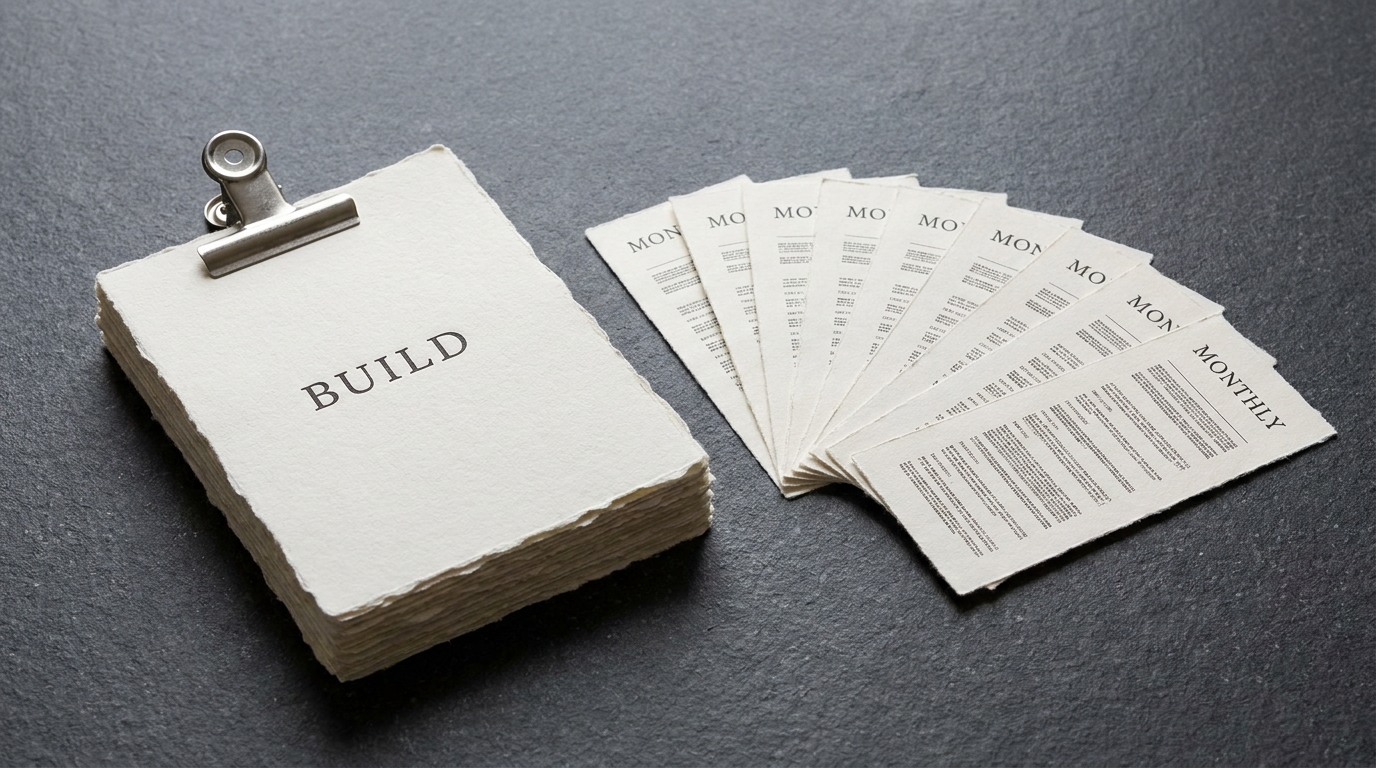 A single thick bound document labelled Build beside twelve thin repeating monthly statements fanned across a slate worktop