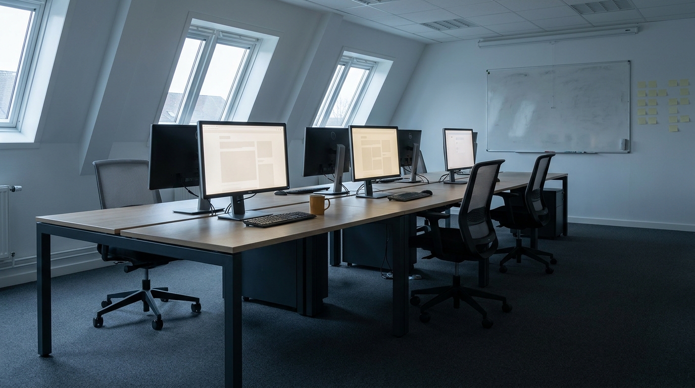 An empty open-plan office bay, unoccupied desks with three monitors still switched on and a wiped whiteboard behind