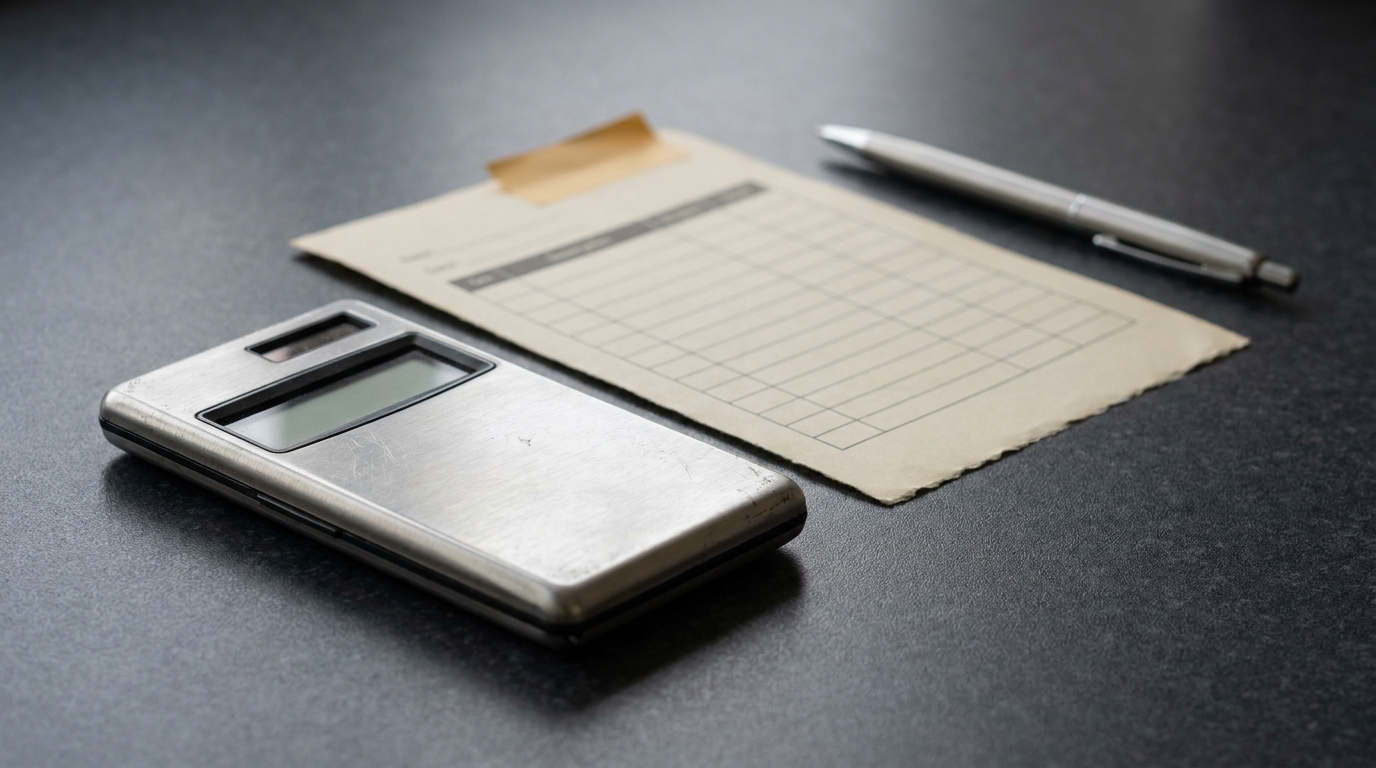 A brushed-aluminium pocket calculator with a blank display beside a blank ruled cost form and a pen on a dark slate desk