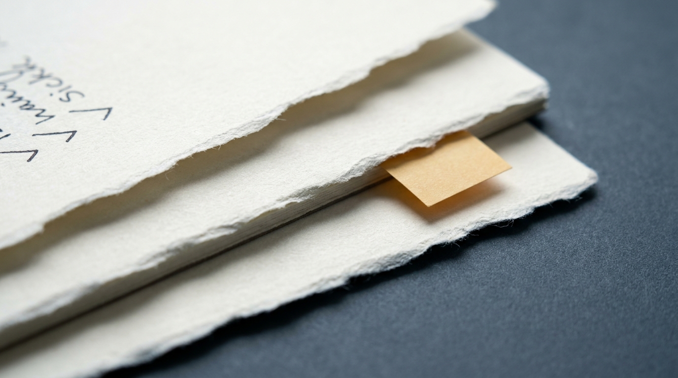 Extreme close-up of the deckled edges of three stacked printed plan sheets with an amber sticky tab protruding from the middle sheet