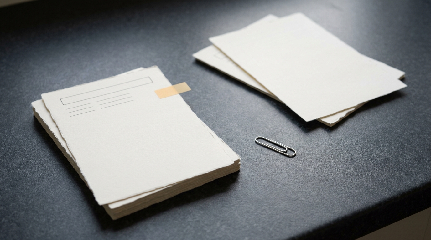 Two stacks of printed plan sheets on a slate desk, one kept with an amber tab and one turned face down and set aside