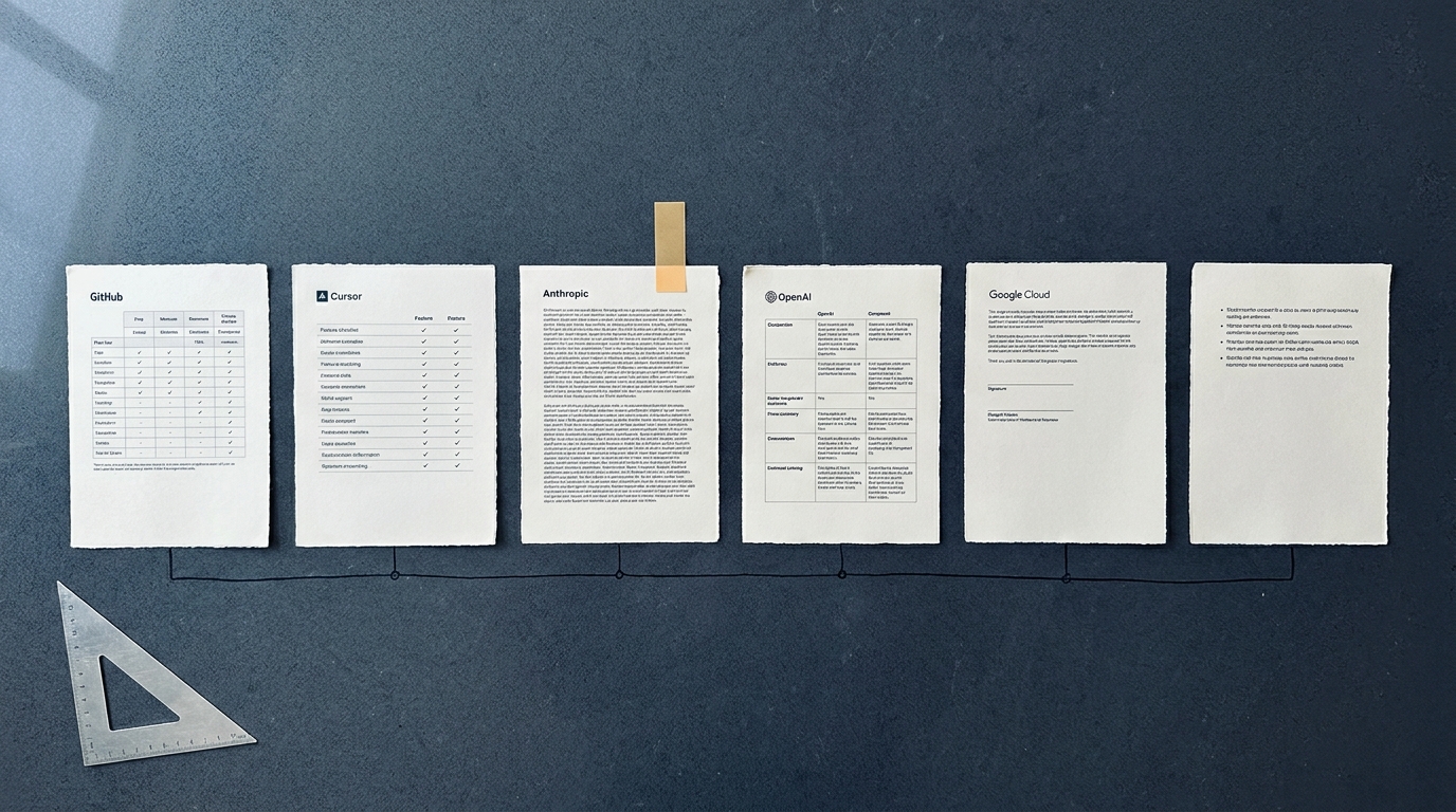 Overhead flat-lay of six printed AI coding tool plan sheets in a row on a slate desk, connected by a thin ink line, with one amber sticky tab
