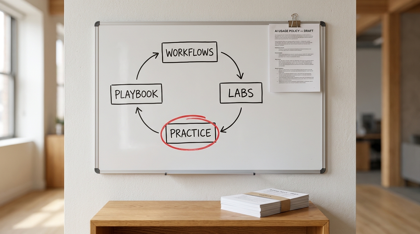Whiteboard with a hand-drawn loop labeled Workflows, Labs, Practice, Playbook beside a stack of printed workshop handouts