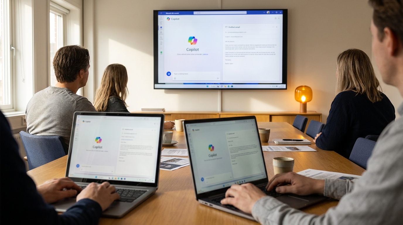 Team around an oak table with laptops during an AI workshop while a wall screen shows Copilot drafting a follow-up email