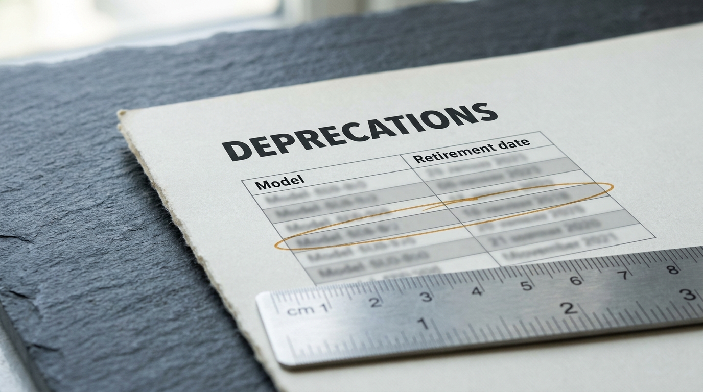 Close-up of a printed model deprecations table with one retirement date circled in amber ink beside a metal ruler
