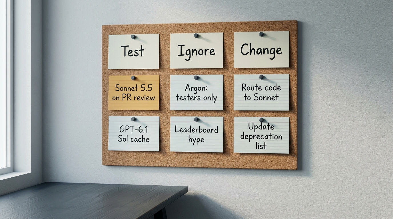 Cork board decision log with columns labelled Test, Ignore and Change and index cards pinned beneath each