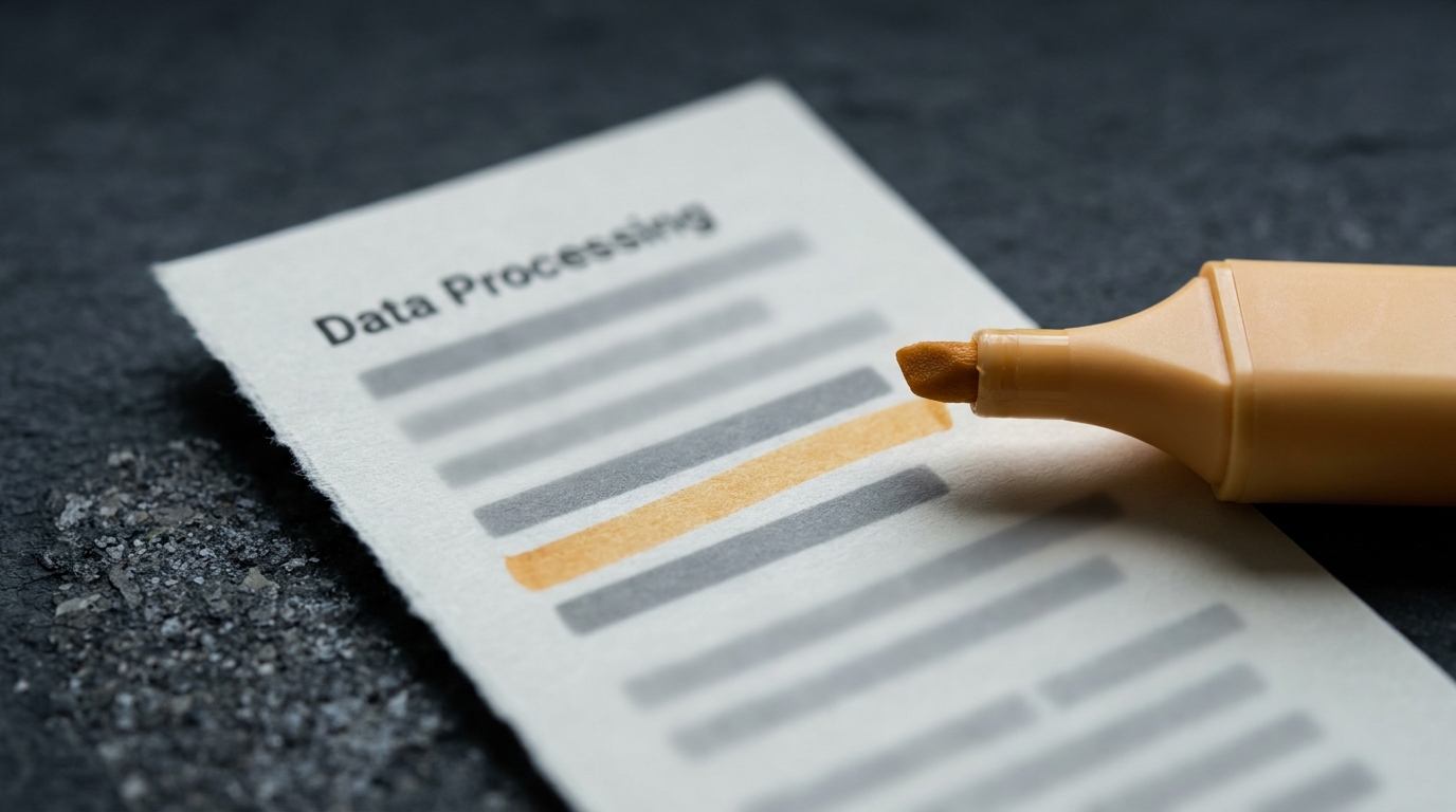 Printed data processing agreement page with one line highlighted in amber and a highlighter resting on it