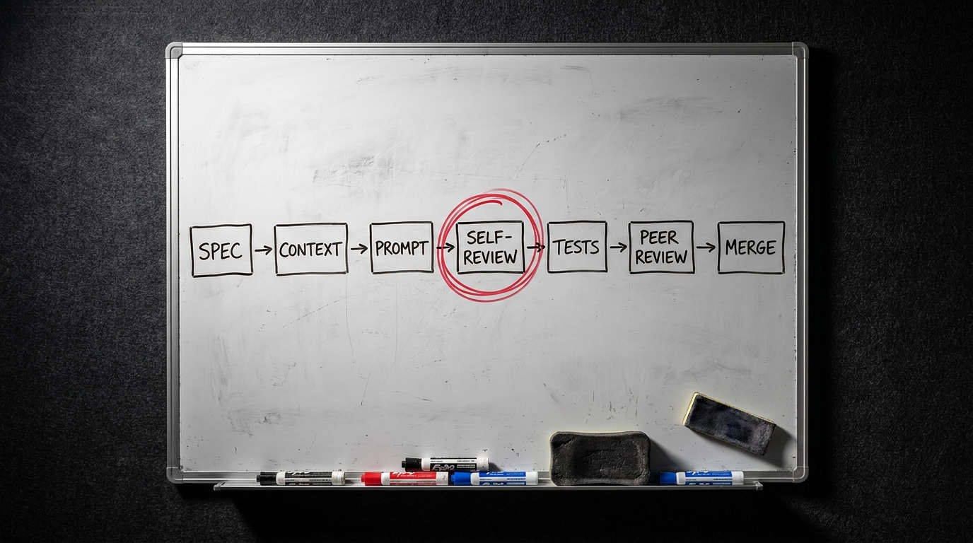 Whiteboard with a hand-drawn seven-step software delivery workflow, the self-review step circled in red marker
