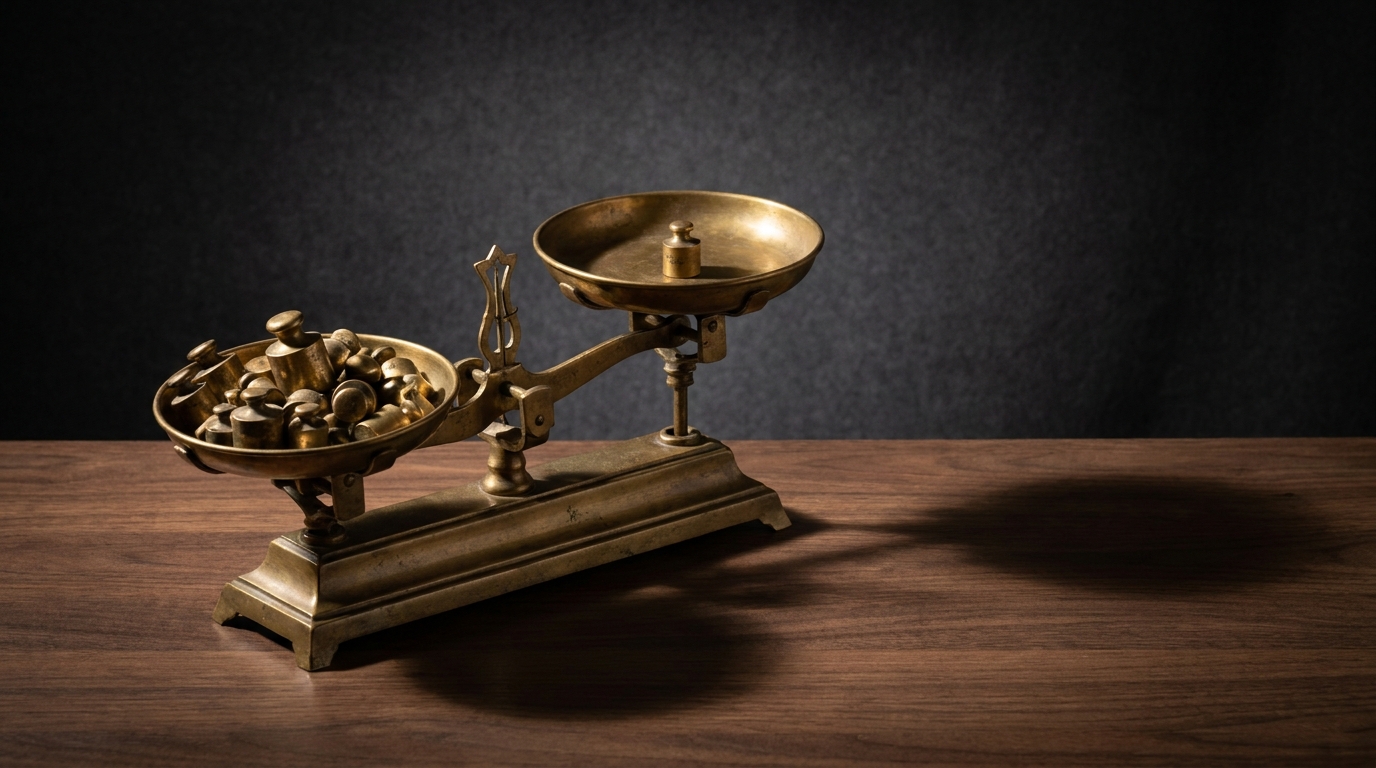 Brass balance scale tipped sharply, one pan piled with small weights and the other holding a single weight