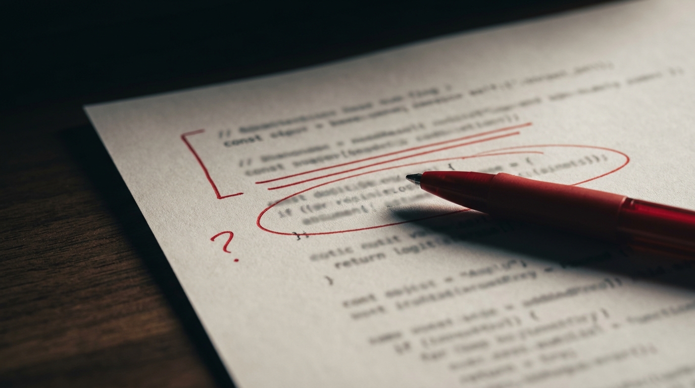 Printed page of source code marked up in red pen with underlines and margin notes, a red pen lying across it