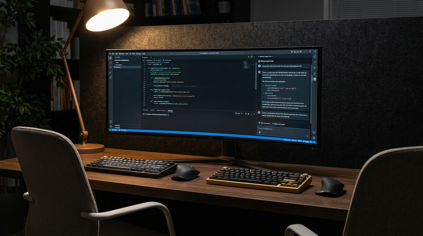 Pair-programming desk with one wide monitor running VS Code and Copilot Chat, two keyboards and two chairs side by side