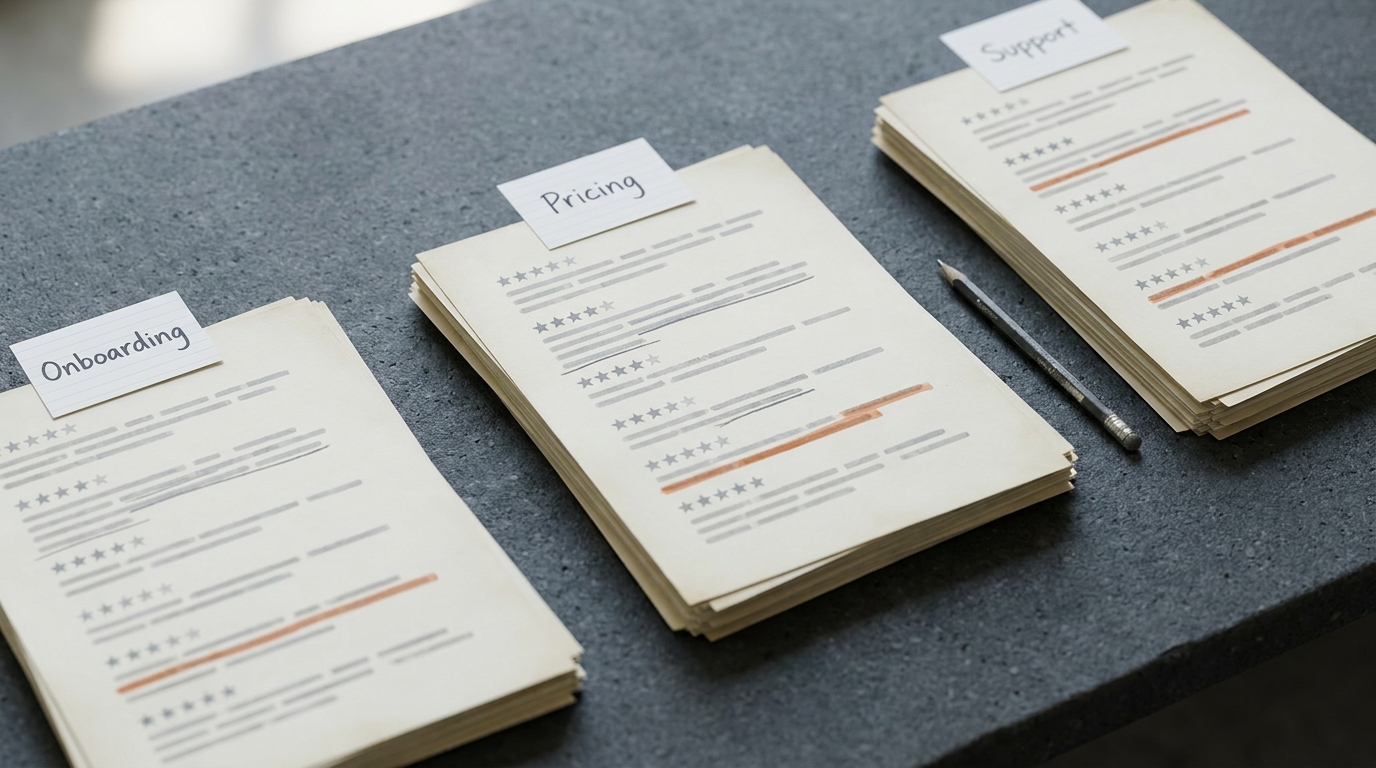 Printed customer reviews in three piles labeled Onboarding, Pricing and Support, with star ratings and marked-up lines