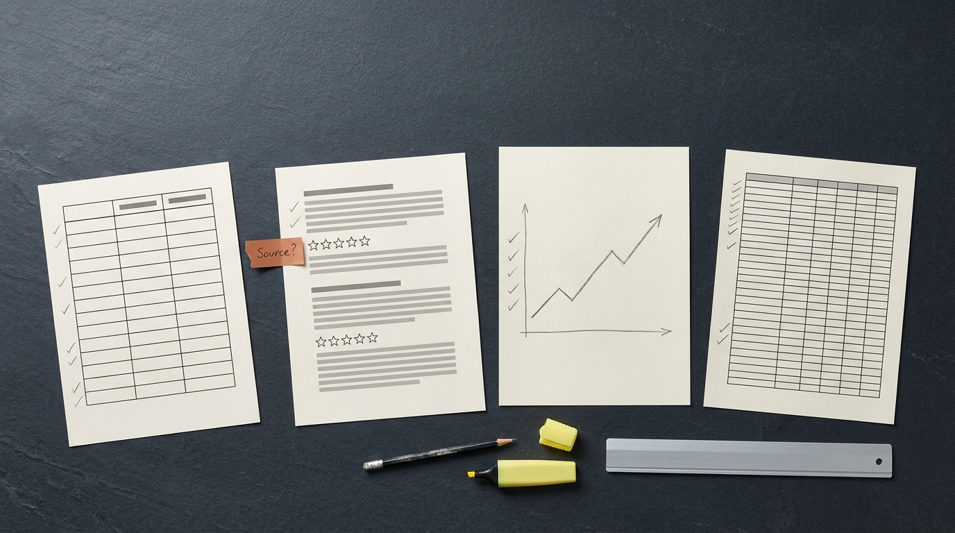 Overhead view of a printed table, review sheets, a rising trend chart and a spreadsheet marked with pencil checks and a Source? flag